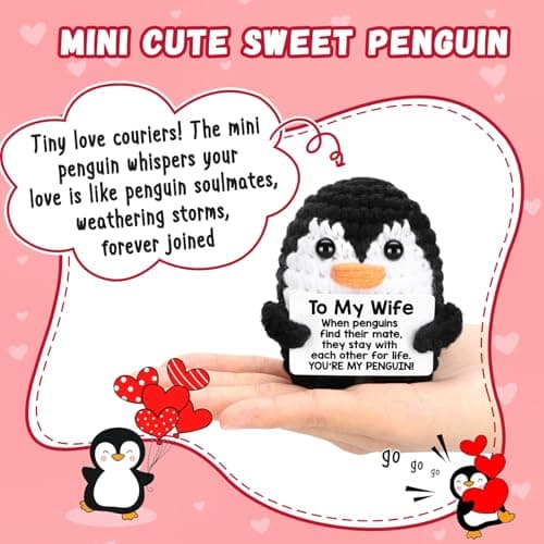 Gifts for Her Wife from Husband Birthday Christmas, To My Wife Handmade Crochet Emotional Mini Funny Penguin, Romantic Wedding Anniversary Valentines Gifts for Women Her, Small Cute Love Sign Decor