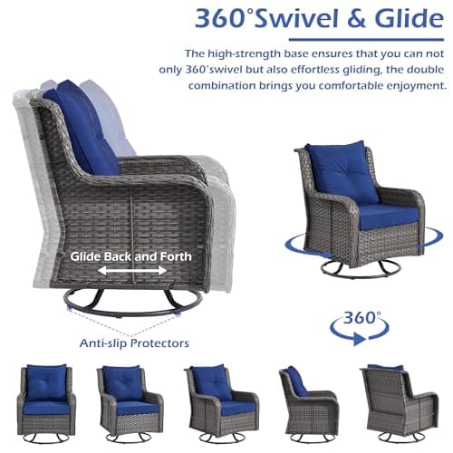 Wumiokio Patio Furniture Sets, 3 Pieces Wicker Outdoor Furniture - 360 Degree Swivel Rocking Chairs and Rattan Side Table for Garden,Porch,Backyard (Grey Wicker/Blue Cushion, 3PCS - Swivel Chairs)