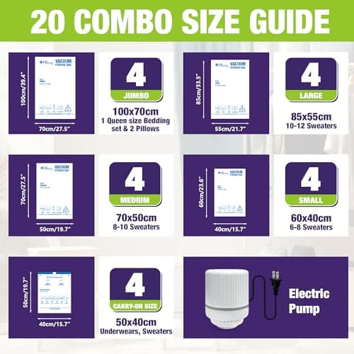 HIBAG Vacuum Storage Bags with Electric Pump, Vacuum Seal Space Saver Bags for Clothes, Clothing, Pillows, Blanket Bedding Comforters, Combo 20 pack