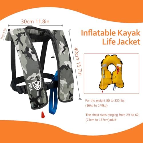 VOGUCCLO Automatic/Manual Inflatable Life Jacket| Inflatable PFD Kayak Vest Adult| Life Vest for Adults| Outdoor Water Sports| Supports up to 330 lbs|33g of Carbon Dioxide Cylinder