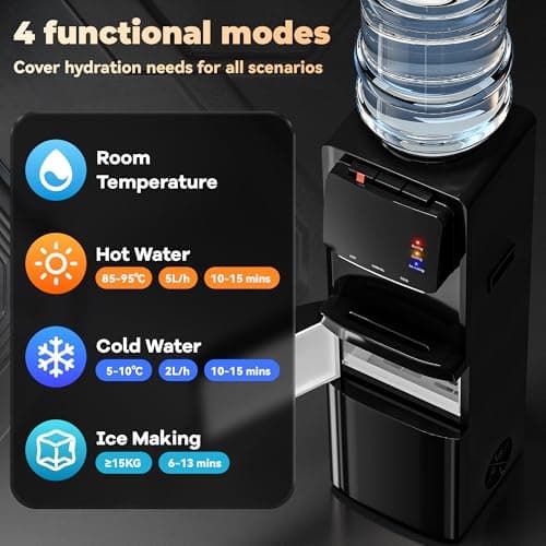 Tehanld Water Dispenser with Ice Maker, 4-in-1 Top Loading Water Cooler with Hot, Cold & Room Temp Water, 35lbs/Day Fast Ice Making, Child Safety Lock, Fits 2-5 Gallon Bottles for Home & Office