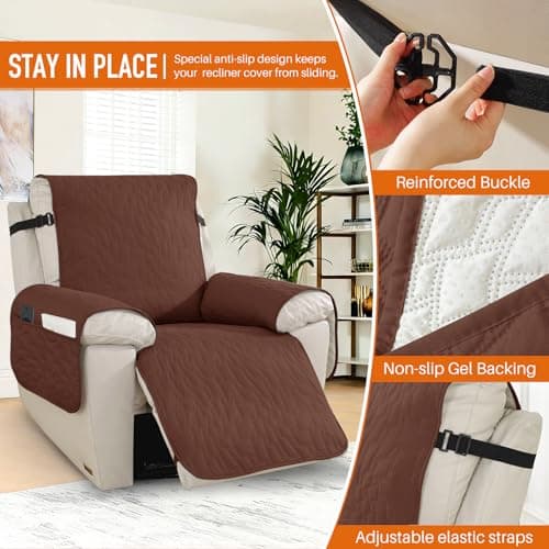 100% Waterproof Recliner Chair Covers,Non-Slip Chair Cover Dog Furniture Protector Recliner Covers Washable Slipcover with Pocket,Elastic Straps for Pets,Dogs,28",Coffee
