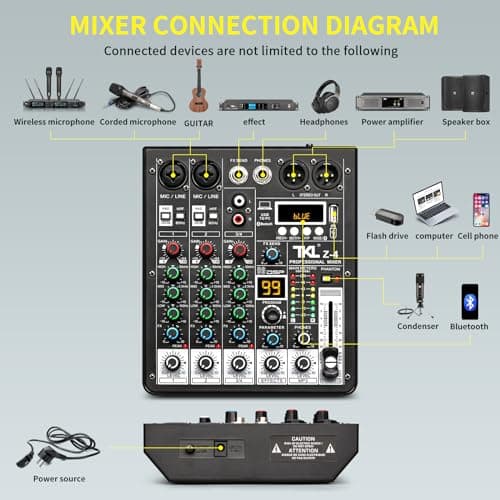 TKLBLS 4 Channel Audio Mixer, Professional DJ Mixer Sound Board Mixing Console with 99-Bit DSP Effect, Bluetooth USB Interface Stereo Mixer Board with 48V Phantom Power For Recording Live Stream