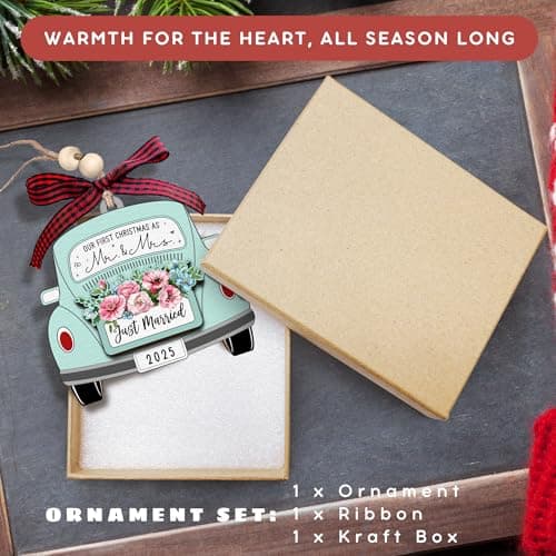 TUMSHANIP First Christmas Married Ornament 2025 - Wedding Ornaments - Wedding Gifts for Couples 2025, Newlyweds, Bride - Mr and Mrs Gifts - Just Married Couple Gift - Wood Ornament