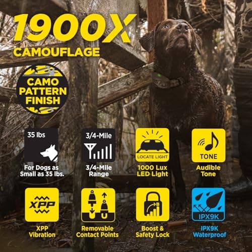 Dogtra 1900X Camouflage E-Collar - 3/4 Mile Range, Dogs 45 lbs+, IPX9K Waterproof, 100 Stimulation Levels, Vibration, Tone, Rechargeable - Ideal for Dog Owners and Professional Trainers