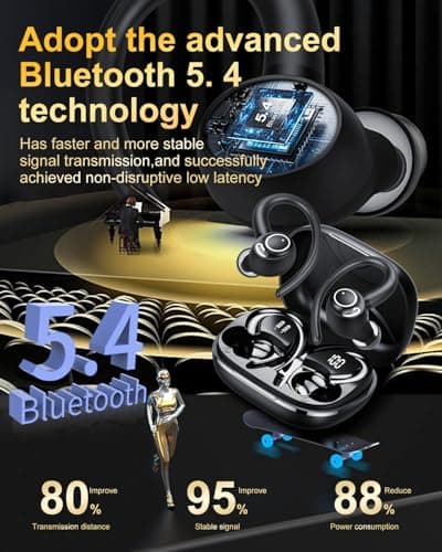 Wireless Earbuds, Bluetooth 5.4 Headphones Sport, Over Ear Buds With ENC Noise Cancelling Mic, 48H, Wireless Earphone With Earhooks, Stereo Deep Bass, IP7 Waterproof ear bud for Workout Running, Black