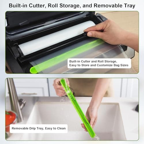 Gasbye Vacuum Sealer Machine, 95kPa Food Sealer with Double Heat Seal for Dry/Moist Food, Easy-lock Handle, Built-in Bag Storage & Cutter, Progress Display, Removable Drip Tray, Silver