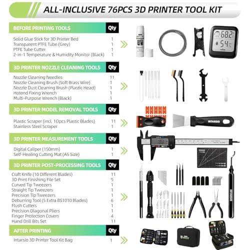 76pcs 3D Printer Tools Kit with Bag, 3D Printer Accessories includes Digital Caliper, Hygrometer, PTFE Tube Kit, Deburring Tool, Scrapers, Nozzle Cleaning, for Bambu Lab, Ender 3, FDM/SLA Printers etc