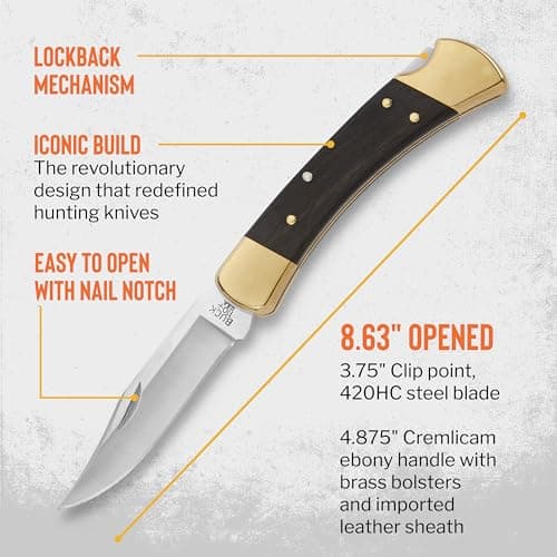 Buck Knives 110 Folding Hunter Knife, 3-3/4" Blade, Lockback Design, Ebony Handle, Brass Bolsters, 420HC Stainless Steel Clip Point Blade, Sheath Included, Hunting Knife Made in the USA, 7.2 oz