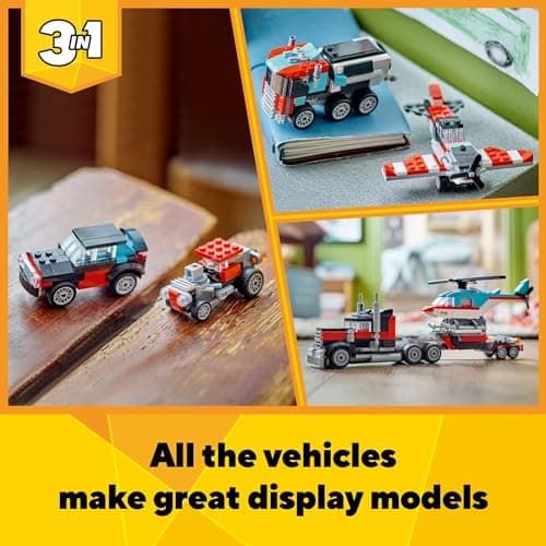 LEGO Creator 3 in 1 Flatbed Truck with Helicopter Toy, Transforms from Flatbed Truck Toy to Propeller Plane to Hot Rod and SUV Cars, Gift Idea for Boys and Girls Ages 7 Years Old and Up, 31146 B0CGY4J7QT