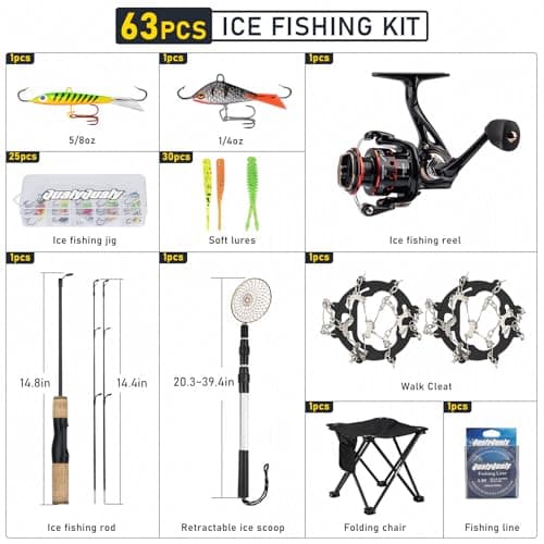 Ice Fishing Rod and Reel Combo, 28'' Ice Fishing Rod Set Inline Reels Lures Set Ice Cleat Portable Complete Kit with Carrier Bag/Folding Stool and Fishing Line Ice Fishing Gear