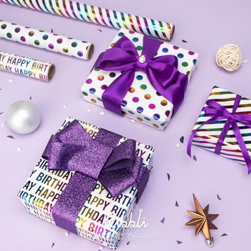 Ribbli Birthday Wrapping Paper Iridescent Gift Wrapping Paper Mini Roll, 3 Rolls Happy Birthday Polka Dots Stripes Printed Assortment - 17 inch x 120 inch(10feet) Per Roll B0CBRVLFSY