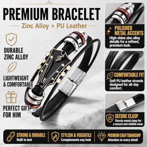 Retro Guitar Leather Bracelet for Man Women Unique Bead Braided Handmade Ethnic Tribal Cuff Multi-Layer Cords Wrap Music Shape Punk Rock Jewelry Gifts Wristband B0DXQF42VT