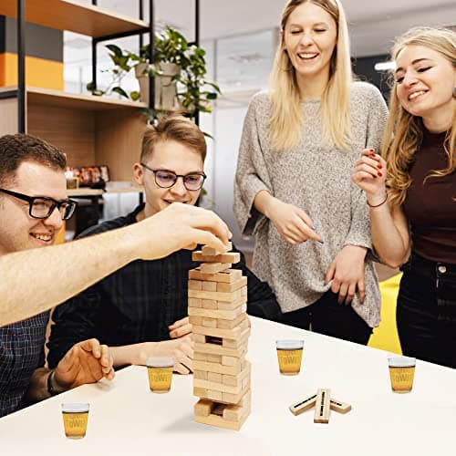 ArtCreativity Tumbling Tower Drinking Games for Adults, with 4 Glasses and 48 Wooden Blocks with Challenges, Fun House Adult Party Games for Game Night, Great Gift Idea for Everyone