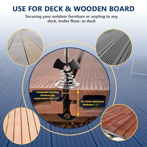 Deck or Dock Anchors for Gap Between Boards - Outdoor Furniture Deck Anchor Marine Grade Stainless Steel Fishbone Deck Anchor Pegs with Carabiners Easily Reposition Chair, Table, Grill and Kayaks