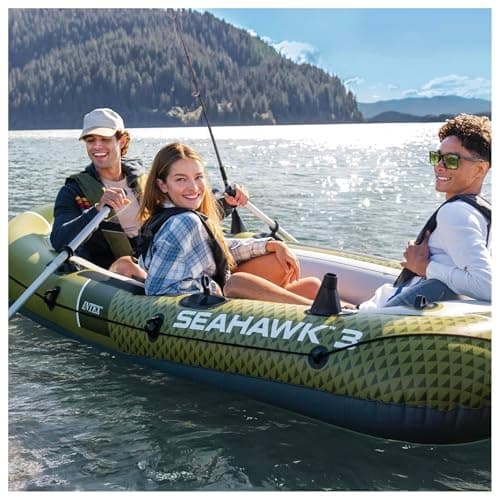 INTEX Seahawk Inflatable Boat Series: Includes Boat Oars and High-Output Pump - Fishing Rod Holders - Gear Pouch