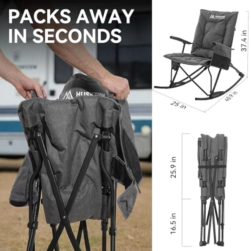 Huskfirm Oversized Rocking Camping Chair Folding Rocking Chair with High Back Padded Outdoor Rocking Chair Heavy Duty Portable Rocker Chair for Camping, Lawn and Patio, Supports Up to 400 lbs, Grey