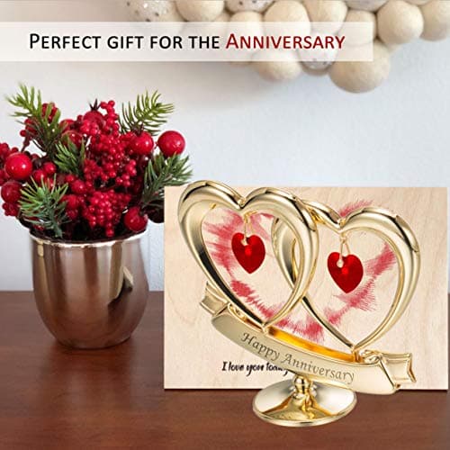 Matashi 24K Gold Plated "Happy Anniversary" Double Heart Table Top Ornament With Red-Cut Crystals