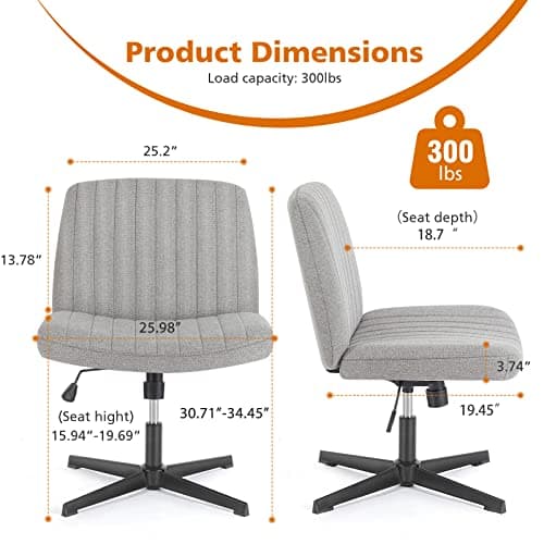 Sweetcrispy Criss Cross Chair Legged, Armless Office Swivel Desk Chairs No Wheels, Vanity Height Adjustable Wide Seat Comfy Cute Computer Task Seating for Home Bedroom, Grey
