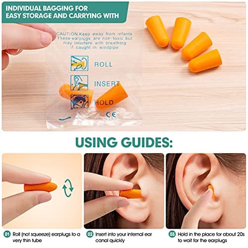 100 Pairs Orange Foam Ear Plugs - 33dB NRR Highest Protection, Soft & Comfortable Noise Canceling Earplugs for Sleeping, Work, Snoring, Construction, Loud Noise with Individual Bagged Foam EarPlug