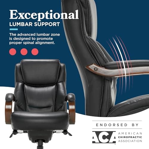 La-Z-Boy Delano Big and Tall Executive Office Chair - Ergonomic Lumbar Support Memory Foam - Bonded Leather Desk Chair for Home Office - Mahogany Wood Arms - Black