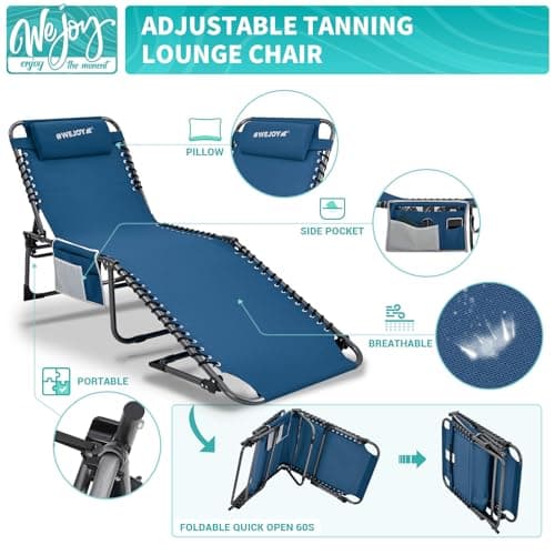 #WEJOY Folding Lounge Chair Outdoor, 5-Position Adjustable Sunbathing Tanning Chair with Shoulder Strap & Side Pocket, Heavy Duty Reclining Chair for Patio Pool Camping, Portable Folding Bed Cot,Blue