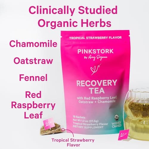 Pink Stork Postpartum Recovery Herbal Tea, Organic Red Raspberry Leaf with Chamomile, Hormone Balance for Women After Labor and Delivery, Strawberry Passion, Hot or Iced, Caffeine-Free, 15 Sachets