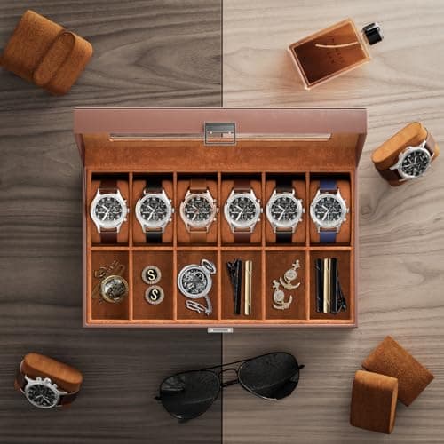 ProCase ProCase Watch Box Organizer, 12 Slot Watch Display Case With Glass Lid, Watch Storage Holder Mens Watch Case, Anniversary Birthday Valentine Gifts for Men Women -12 Slot, Brown