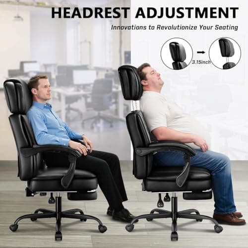 400lbs Executive Office Chair with Foot Rest for Heavy People, Ergonomic Big and Tall Desk Chair with Adjustable Headrest, High Back PU Leather Comfy Heavy Duty Computer Chair with Spring Cushion