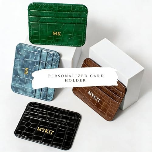 Custom Personalized Credit Card Holder Wallet – Slim PU Leather Card Case with Custom Name or Initials – Front Pocket Wallet for Men & Wome，Gifts (Crocodile pattern, brown)