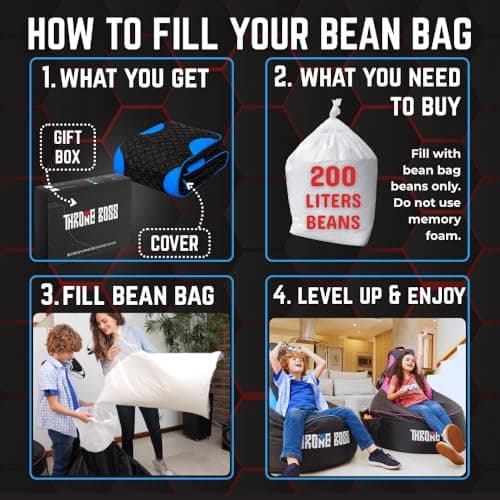 Throne Boss Gaming Bean Bag Chair Cover for Kids with High Back, Blue – Gamer Chair for Kids with 2 x Large Side Pockets, Headphone Hanger, Easy to Clean Fabric, Requires 200 Liters Polystyrene Beans