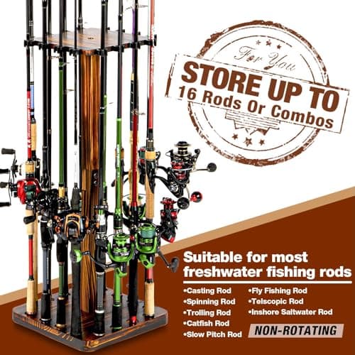 Ghosthorn Fishing Rod Holders for Garage 360 Degree Rotating Fishing Pole Rack, Floor Stand Holds up to 16 Rods Wood Fishing Gear Equipment Storage Organizer, Fishing Gifts for Men Women