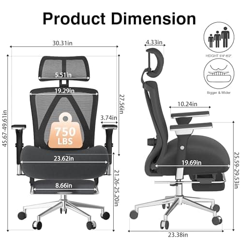 750lbs Big and Tall Office Chair with Wide Thick Seat Cushion,Ergonomic Mesh Chairs for Heavy People,Computer Desk Chair with 4D Armrests,Adjustable Lumbar Support for Long Hours Daliy Work,Grey