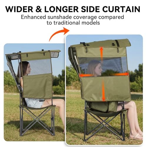 Huskfirm Camping Chair with Canopy Shade - Folding Beach Chair with UPF 50+ Sun Shade, Cup Holder, Side Pocket, Portable Sports Chair for Adults Support 330 LBS, Fishing Camp Outdoor Lawn Chair Green