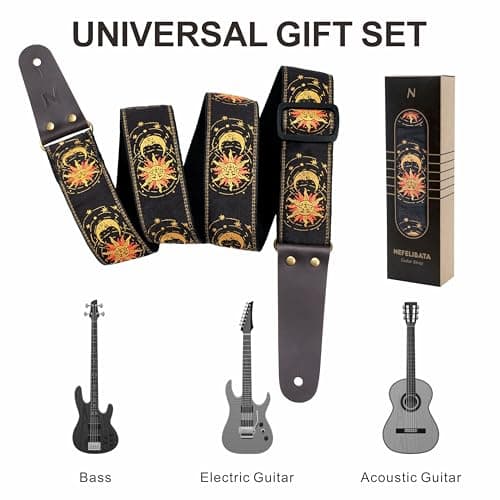 Nefelibata Guitar Strap, Sun & Moon Embroidery Guitar Straps with Head Cowhide Leather Ends for Bass, Electric & Acoustic Guitars, Free Strap Button, 1 Pair Strap Locks and 4 Guitar Picks