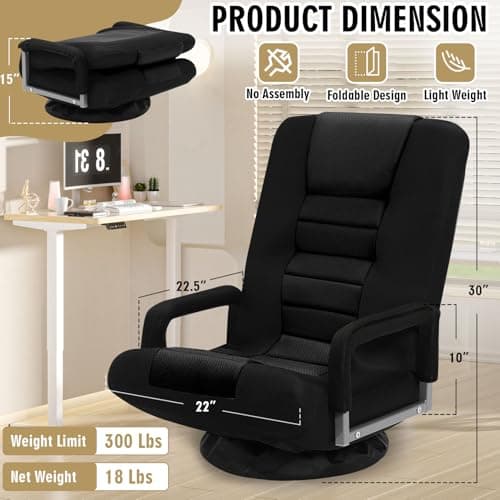Swivel Floor Gaming Chair w/Armrests, Folding Video Reclining Sofa w/6 Adjustable Position, Padded Backrest & Cushion, Lazy Lounger Couch for E-Sports, Reading, Relaxing, Watching TV, Black