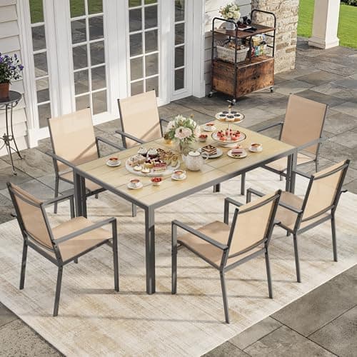 Ahomly Patio Table and Chairs Set for 6, Outdoor Dining Set Includes 59.5" Rectangle Patio Table with Side Umbrella Hole and 6 Textilene Fabric Patio Chairs for Backyard, Courtyard, Poolside, Brown