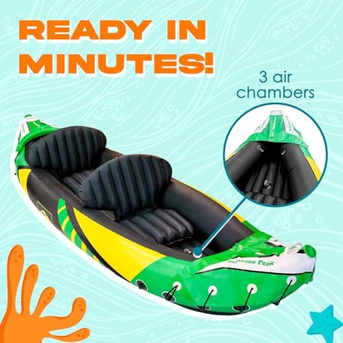Inflatable Kayak 2 Person with Detachable Sun Canopy – Heavy-Duty Tandem Kayak for Adults – Reinforced Paddles, Waterproof Phone Bags, Adjustable Seats, Extra Seat for Dog or Child