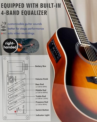 Winzz Acoustic-Electric Guitar 4/4 Full Size for Adults Beginners and Teens,6 Steel-String Acustica Guitarra Starter Kit, 4-Band Equaliser, 41" Dreadnought Cutaway, Glossy Sunburst, Right Hand