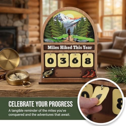 Wooden Mile Hike This Year Counter Rustic Cabin Decor Hiking Gifts for Women Men Hiking Accessories for Walking Enthusiasts Miles Hiked This Year Hiking Tracker Sign B0H394LD43