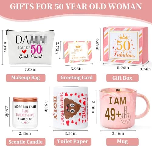 50th Birthday Gifts for Her Funny Happy 50th Birthday Decorations for Women 50 Year Old Gifts for Woman 50 and Fabulous Gift for Woman Sister Mom Best Friend Wife - Coffee Mug Makeup Bag Toilet Paper