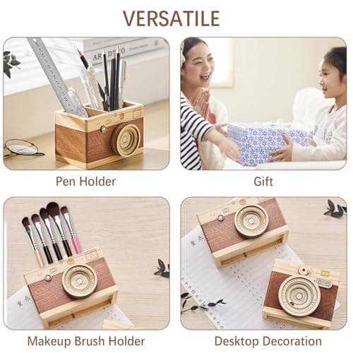Vintage Wooden Camera Pencil Holder – Retro Desk Organizer for Pens & Stationery, Unique Photography Gift for Photographers, Creative Wooden Pen Holder for Office & Home Decor (Double slot) B0F4R7Z3M2