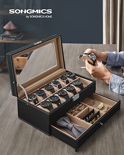 SONGMICS SONGMICS Watch Box, 12-Slot Watch Case Organizer with Large Glass Lid, 2 Layers, Removable Pillows, Metal Lock, Gift for Loved Ones, Black Synthetic Leather, Gray Lining UJWB012