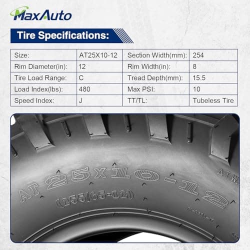 MaxAuto Set of 4 UTV ATV Tires 25x8-12 Front & 25X10-12 Rear Tire, 6PR Tubeless, Four Wheeler Tires All Terrain Tire 25x8x12 Sport Mud-tires 25x10x12 Off Road tire, 4 Pack in 2 Packages