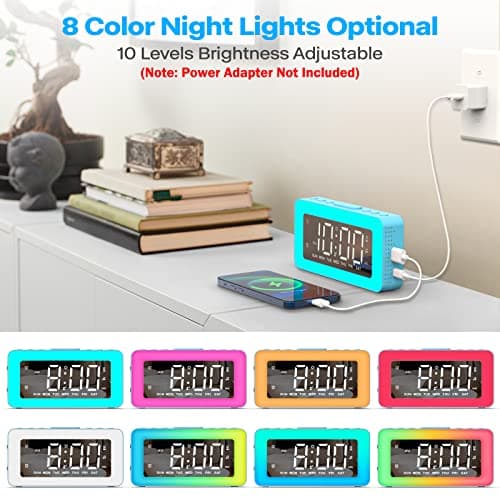 AFEXOA RGB Night Light Alarm Clock for Kids, Teenagers, Adults, Mirrored Clock with Dual Alarms, Snooze, LED Display, USB Charger, Small Dimmable Alarms for Bedtime