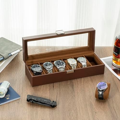 ProCase ProCase Watch Box, 6 Slot Mens Watch Case, Watch Storage Holder Organizer, Watch Display Case with Glass Lid, Anniversary Birthday Valentine Gifts for Men Women -6 Slot, Espresso