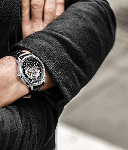 Stuhrling Original Mens Automatic Skeleton Watch - Black Leather Strap, Mechanical Silver Executive Watch