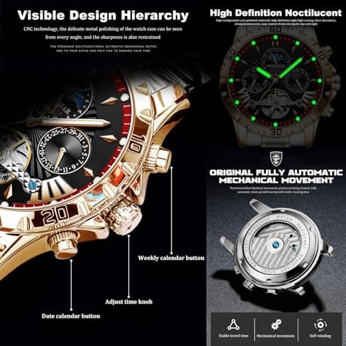 FORSINING Mechanical Men's Watch, Moon Phase Tourbillon Automatic Self-Wind Wristwatch, Luxury Stainless Steel Band 43mm Big Dial Mens Wrist Watch with 3 Sub Dial