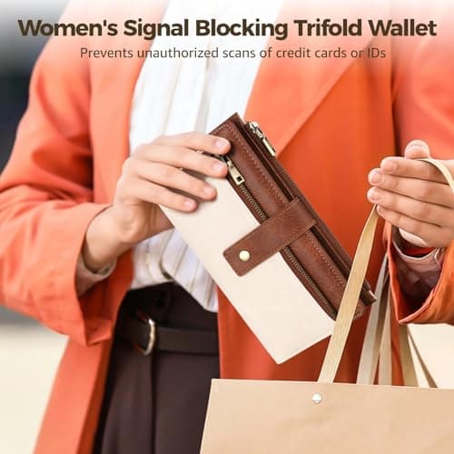 OMISTAR Women's RFID Blocking PU Leather Wallet, Trifold Clutch Purse with Wrist Strap, Multi-Compartment Credit Card Holder with Zipper Pockets for Cash, ID, Coins, Travel Essentials