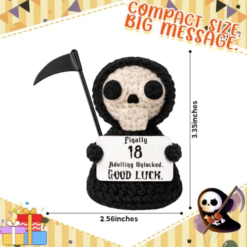 Unique 18th Birthday Gifts for Women Men - Mini Handmade Crochet Grim Reaper - Adulting Funny 18 Year Old Milestone Gag Gifts for Him Her - Handmade Crochet Desk Decor B0GS9Q8J46
